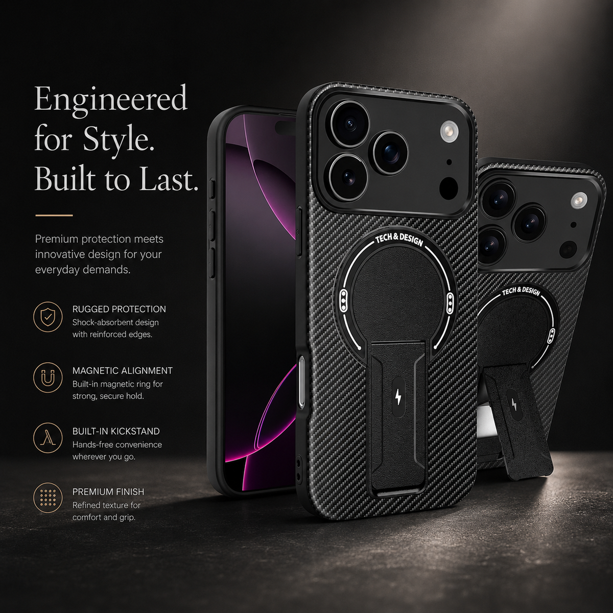 Premium iPhone Case MagSafe Carbon Fiber Pattern Magnetic Fold Stand Shockproof PC TPU Protective Cover Military Style Anti Scratch Non Slip Slim Armor