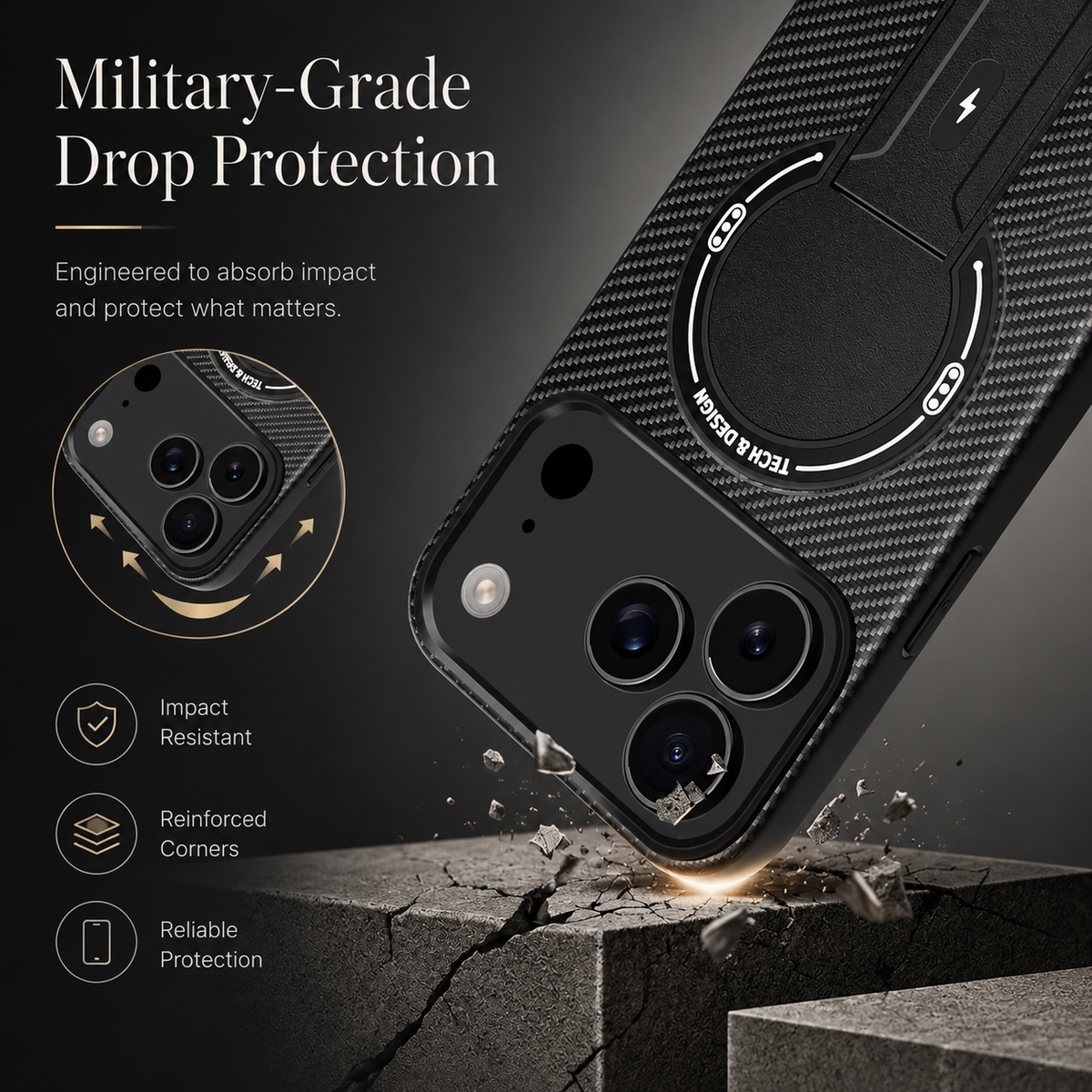 Premium iPhone Case MagSafe Carbon Fiber Pattern Magnetic Fold Stand Shockproof PC TPU Protective Cover Military Style Anti Scratch Non Slip Slim Armor