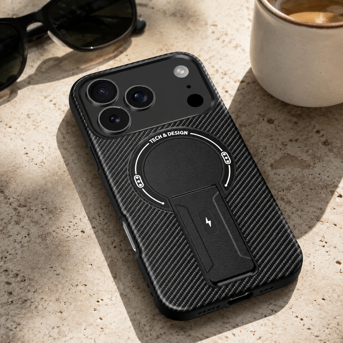 Premium iPhone Case MagSafe Carbon Fiber Pattern Magnetic Fold Stand Shockproof PC TPU Protective Cover Military Style Anti Scratch Non Slip Slim Armor