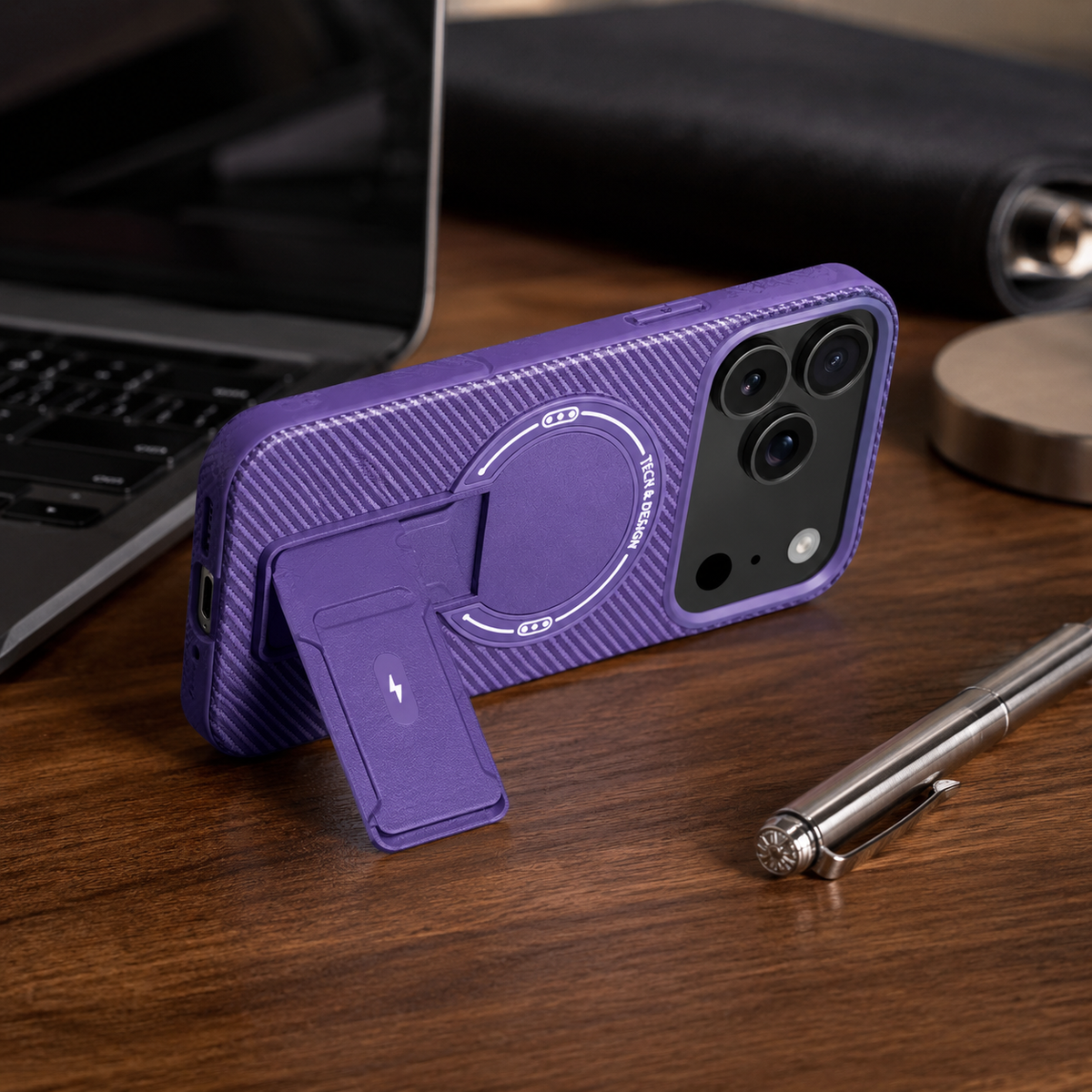 Premium iPhone Case MagSafe Carbon Fiber Pattern Magnetic Fold Stand Shockproof PC TPU Protective Cover Military Style Anti Scratch Non Slip Slim Armor