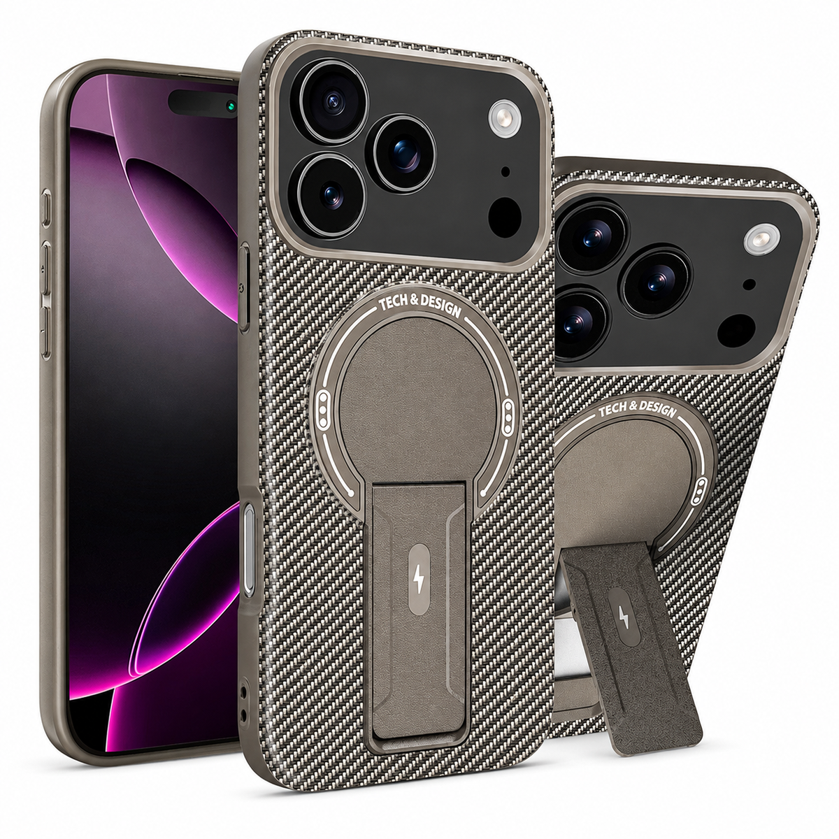 Premium iPhone Case MagSafe Carbon Fiber Pattern Magnetic Fold Stand Shockproof PC TPU Protective Cover Military Style Anti Scratch Non Slip Slim Armor