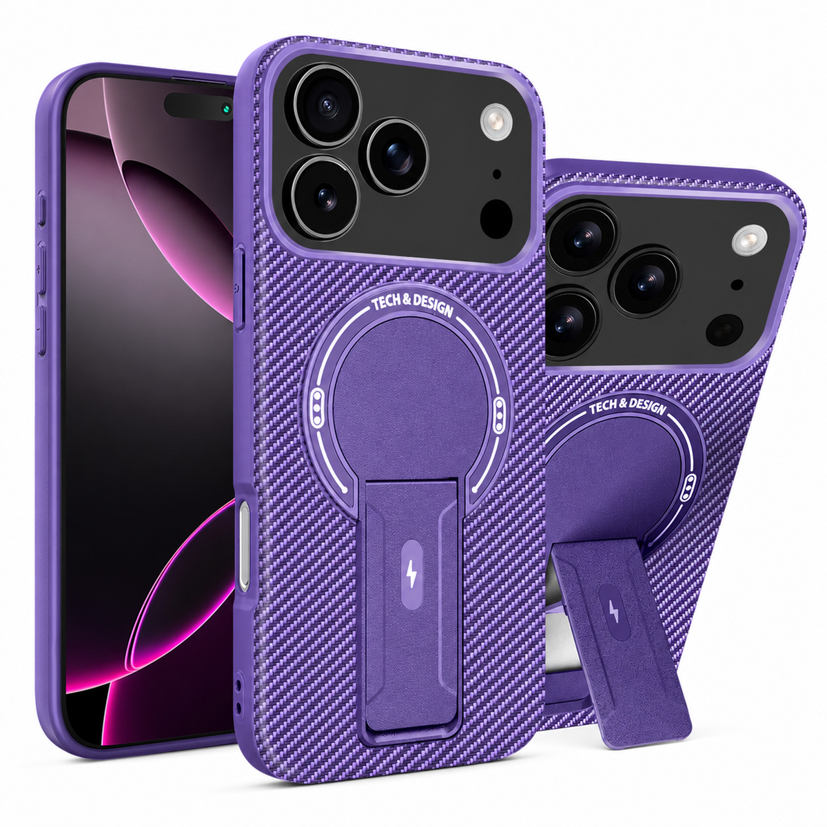 Premium iPhone Case MagSafe Carbon Fiber Pattern Magnetic Fold Stand Shockproof PC TPU Protective Cover Military Style Anti Scratch Non Slip Slim Armor
