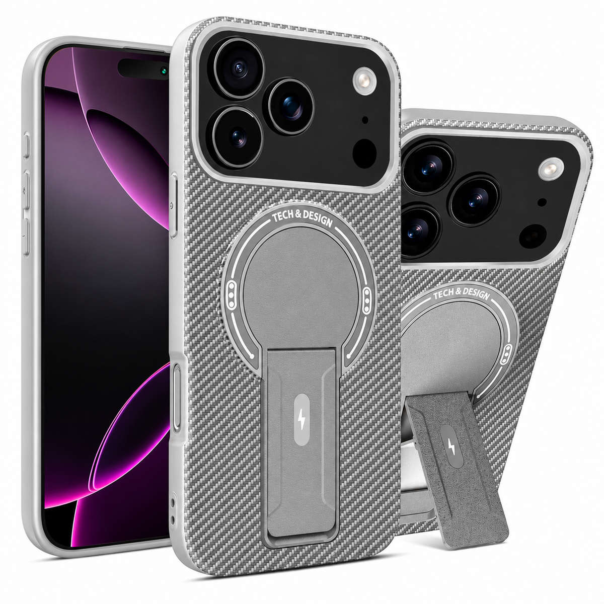Premium iPhone Case MagSafe Carbon Fiber Pattern Magnetic Fold Stand Shockproof PC TPU Protective Cover Military Style Anti Scratch Non Slip Slim Armor