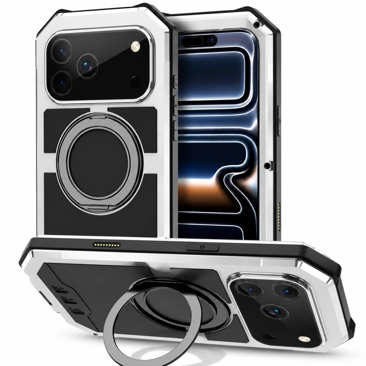 Premium iPhone Case MagSafe Compatible Aluminum Armor Frame Shockproof Protective Cover Built-In Kickstand Glass Screen Protector Camera Lens Guard Full Protection