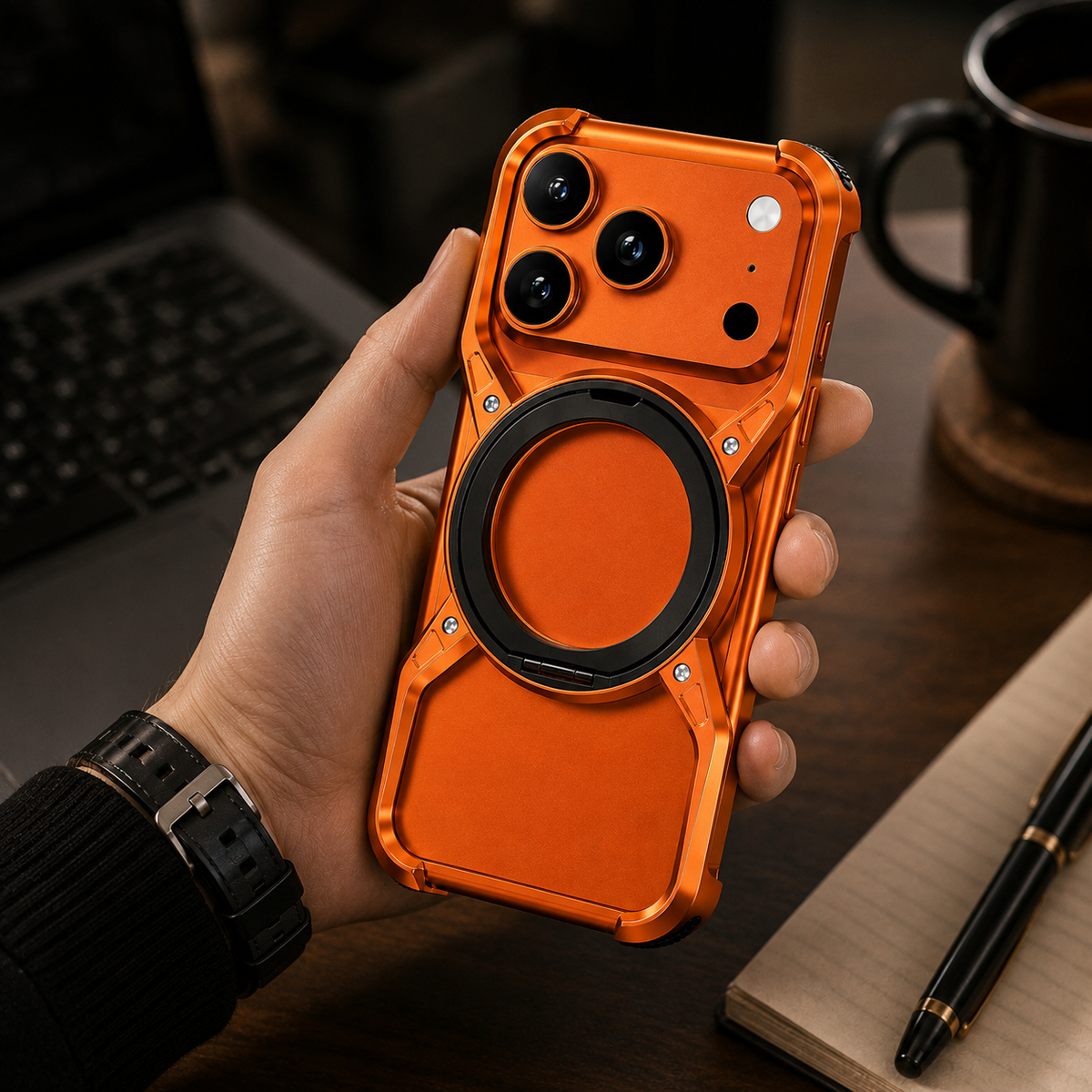 Premium iPhone Case MagSafe Compatible Aluminum Bumper 360° Rotating Ring Stand Shockproof Edge Protection Camera Lens Guard Slim Protective Cover Fit