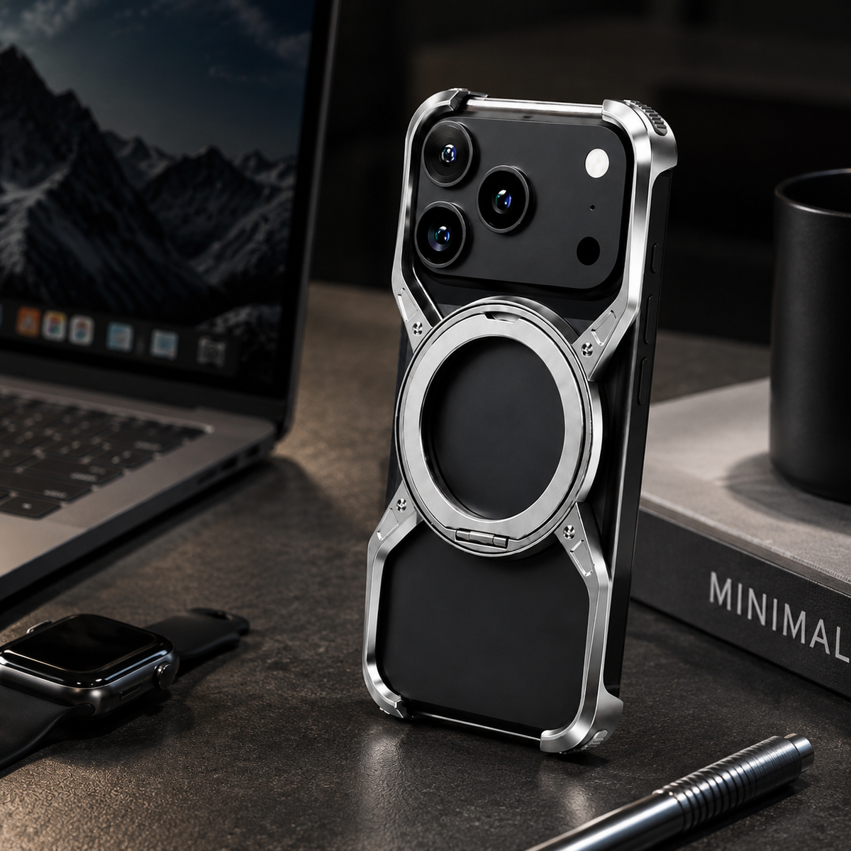 Premium iPhone Case MagSafe Compatible Aluminum Bumper 360° Rotating Ring Stand Shockproof Edge Protection Camera Lens Guard Slim Protective Cover Fit