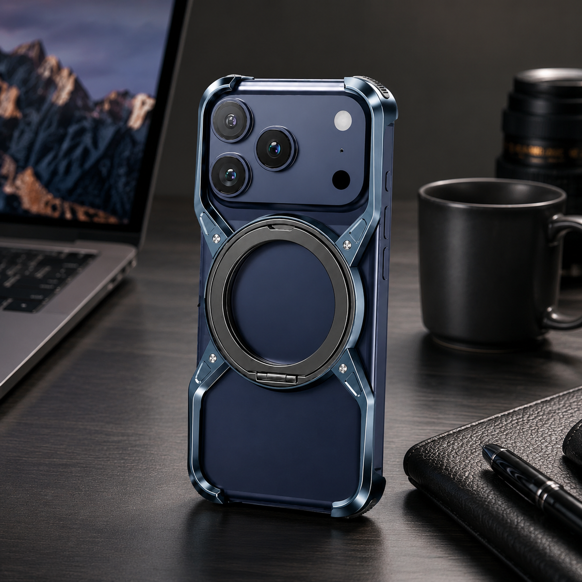 Premium iPhone Case MagSafe Compatible Aluminum Bumper 360° Rotating Ring Stand Shockproof Edge Protection Camera Lens Guard Slim Protective Cover Fit