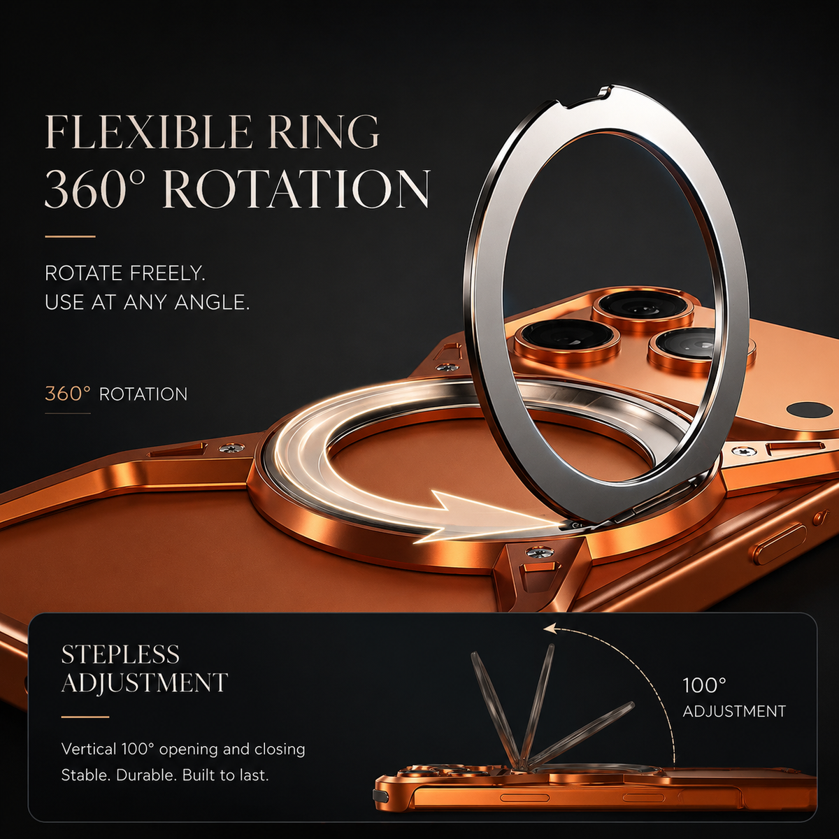 Premium iPhone Case MagSafe Compatible Aluminum Bumper 360° Rotating Ring Stand Shockproof Edge Protection Camera Lens Guard Slim Protective Cover Fit