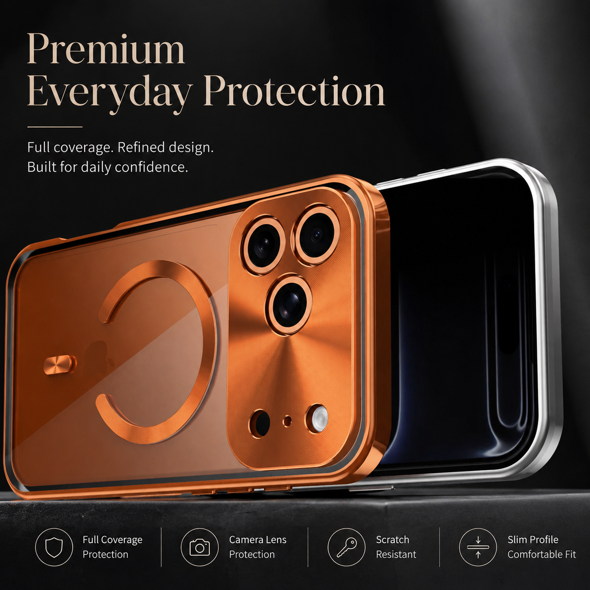 Premium iPhone Case MagSafe Compatible Aluminum Frame Privacy Screen Clear Back Shockproof Protective Cover Camera Lens Guard Anti Scratch Slim Design