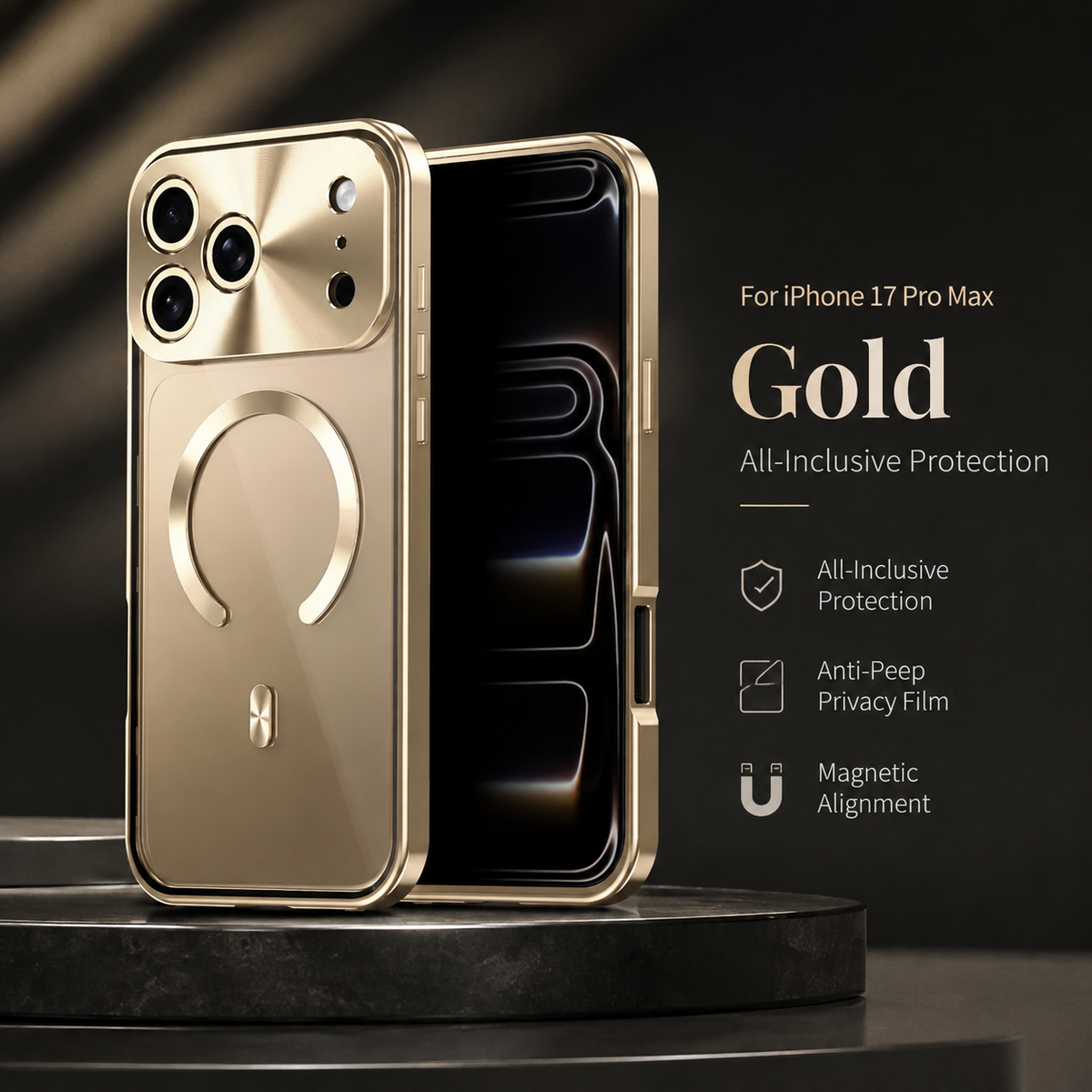 Premium iPhone Case MagSafe Compatible Aluminum Frame Privacy Screen Clear Back Shockproof Protective Cover Camera Lens Guard Anti Scratch Slim Design
