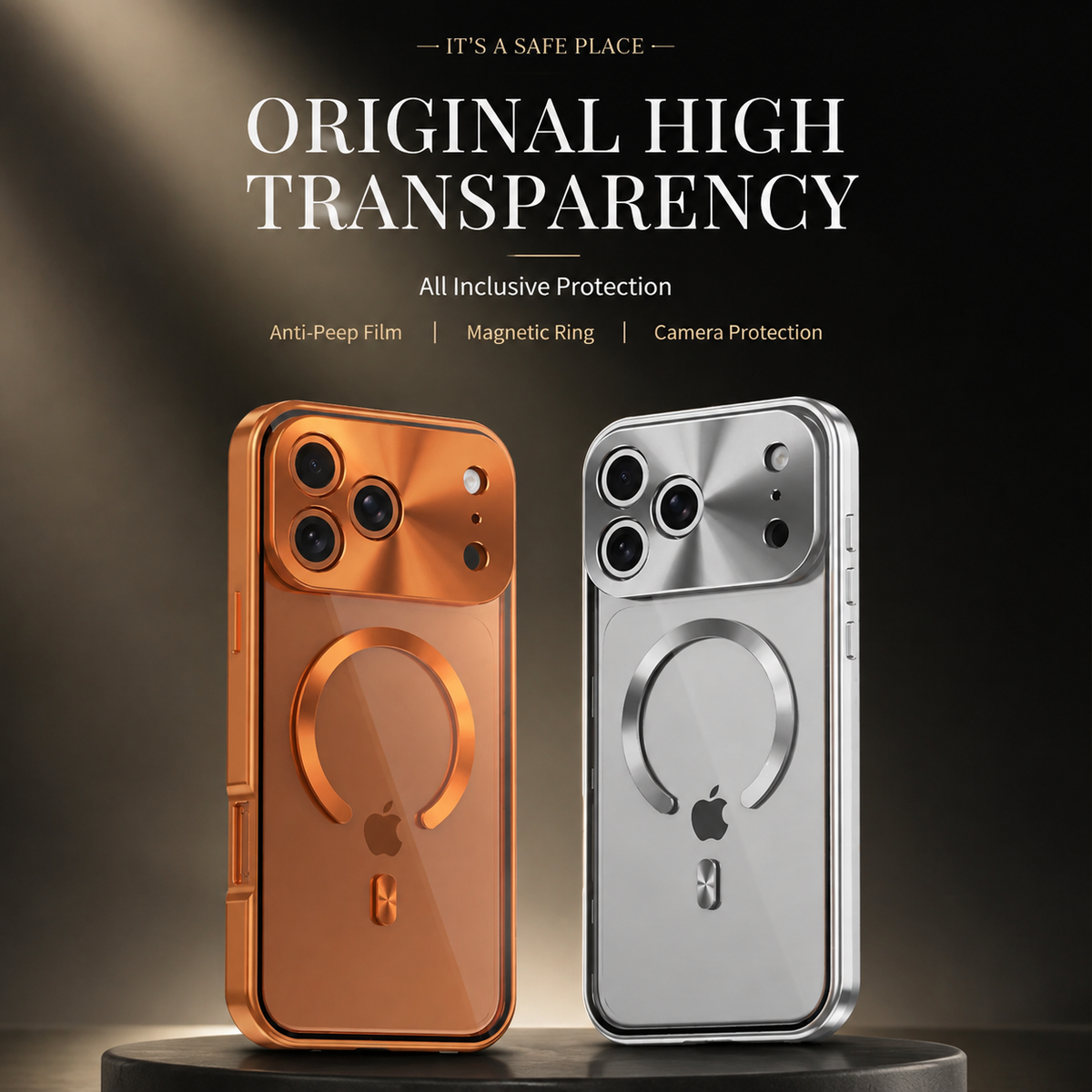 Premium iPhone Case MagSafe Compatible Aluminum Frame Privacy Screen Clear Back Shockproof Protective Cover Camera Lens Guard Anti Scratch Slim Design