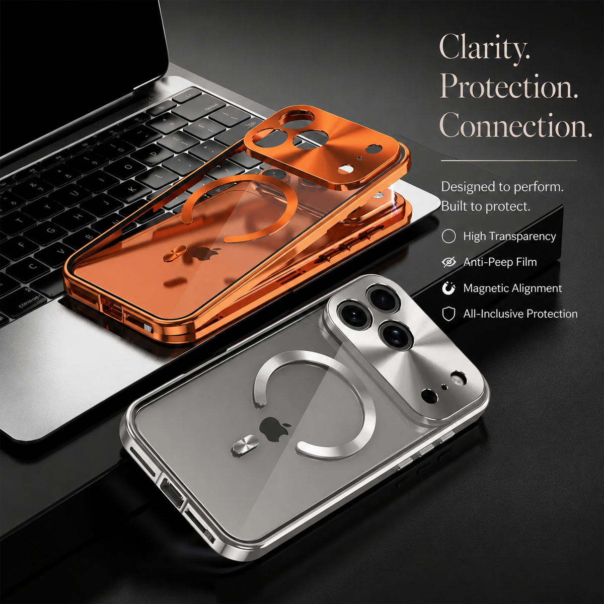 Premium iPhone Case MagSafe Compatible Aluminum Frame Privacy Screen Clear Back Shockproof Protective Cover Camera Lens Guard Anti Scratch Slim Design
