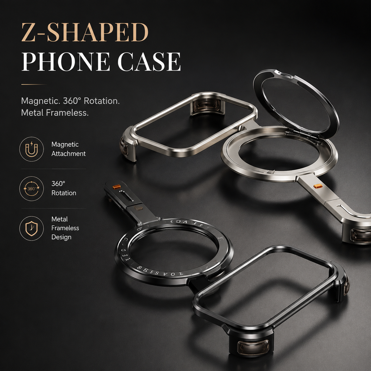Premium iPhone Case MagSafe Compatible Aluminum Magnetic Frameless Shockproof Cover 360 Rotating Stand Ring Camera Lens Protection Slim Lightweight Design