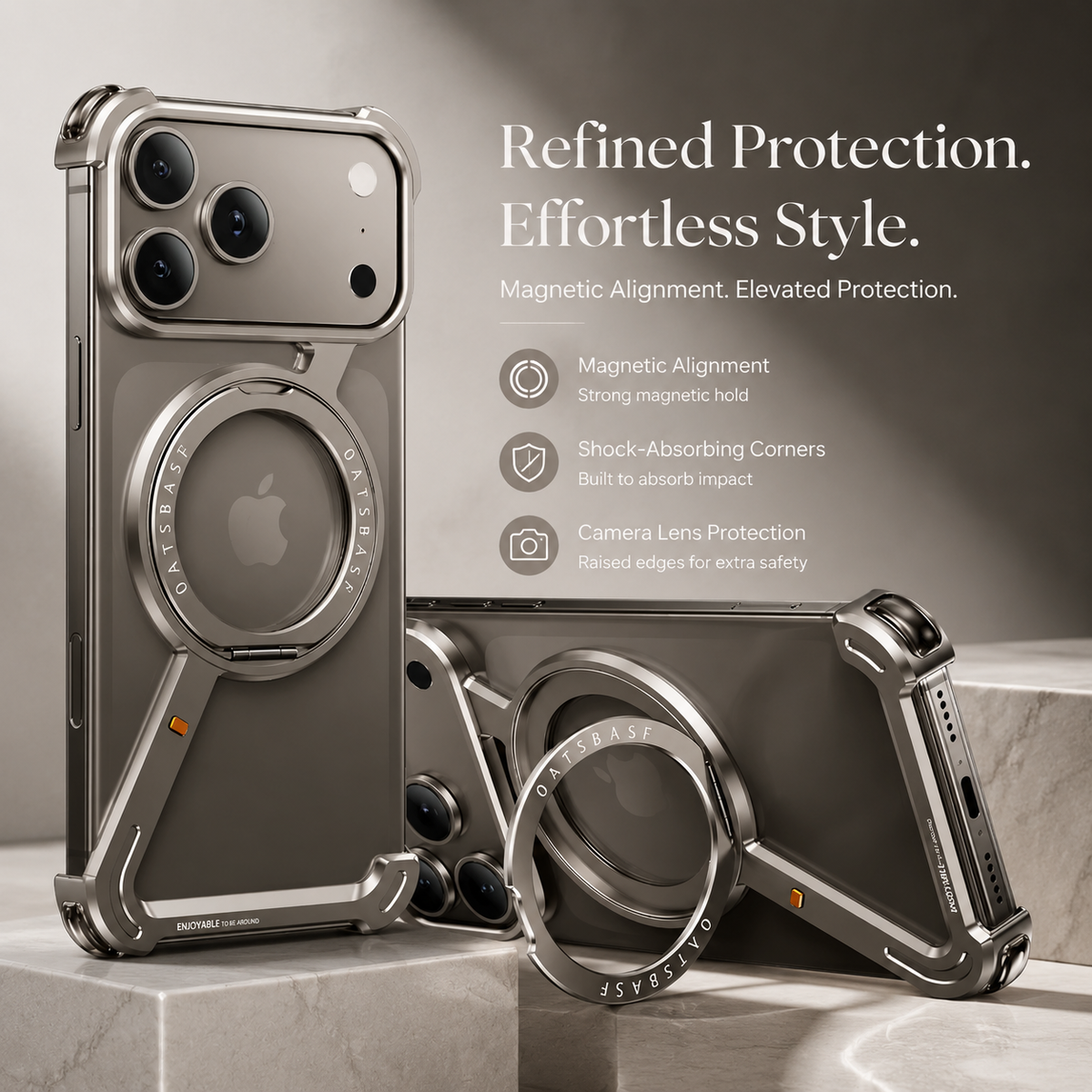 Premium iPhone Case MagSafe Compatible Aluminum Magnetic Frameless Shockproof Cover 360 Rotating Stand Ring Camera Lens Protection Slim Lightweight Design