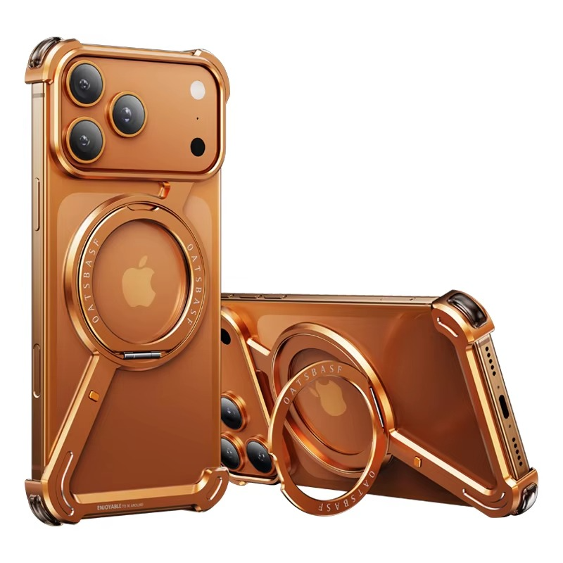 Premium iPhone Case MagSafe Compatible Aluminum Magnetic Frameless Shockproof Cover 360 Rotating Stand Ring Camera Lens Protection Slim Lightweight Design