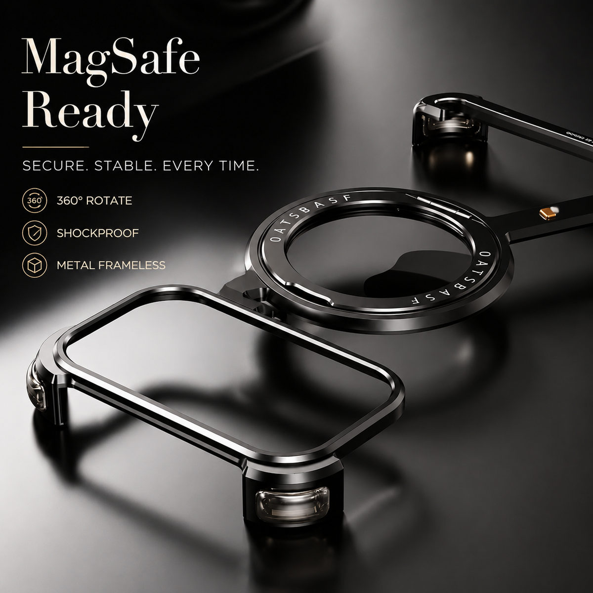 Premium iPhone Case MagSafe Compatible Aluminum Magnetic Frameless Shockproof Cover 360 Rotating Stand Ring Camera Lens Protection Slim Lightweight Design