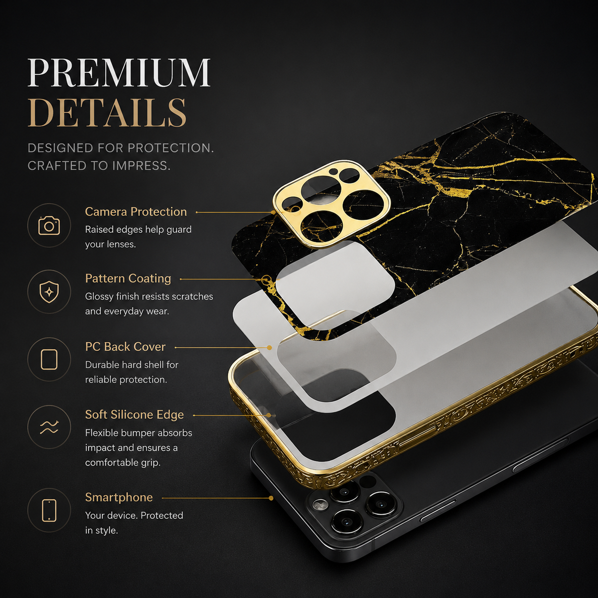 Premium iPhone Case MagSafe Compatible Black Marble Texture Shockproof Protective Cover Gold Edge Camera Lens Protection 3D Grip Slim Design