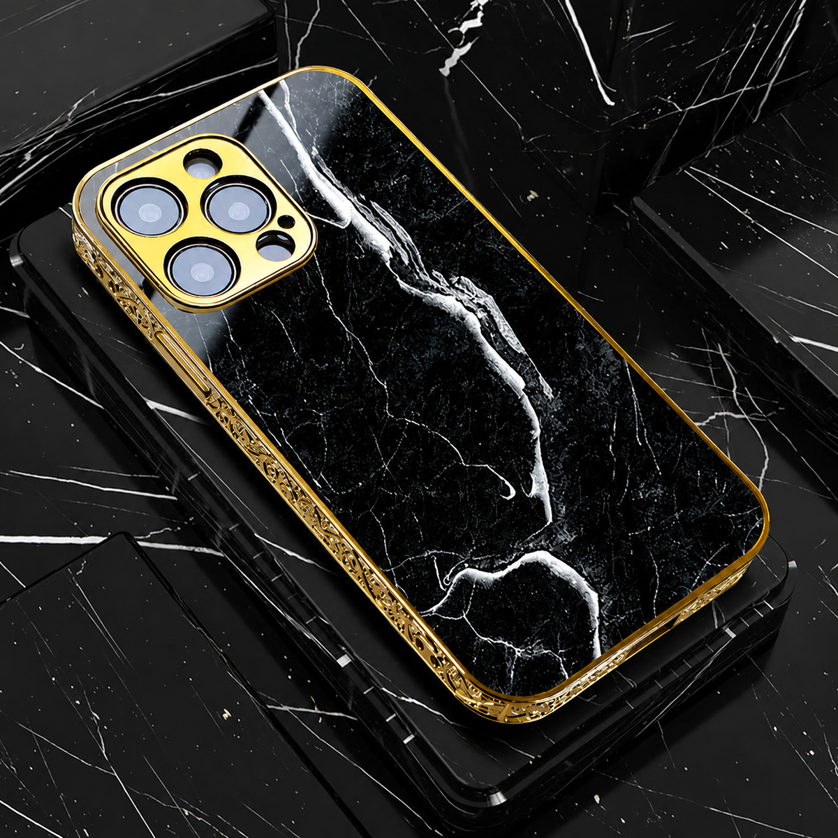 Premium iPhone Case MagSafe Compatible Black Marble Texture Shockproof Protective Cover Gold Edge Camera Lens Protection 3D Grip Slim Design
