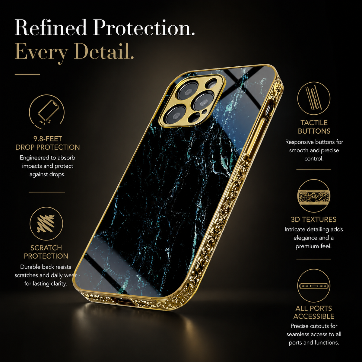 Premium iPhone Case MagSafe Compatible Black Marble Texture Shockproof Protective Cover Gold Edge Camera Lens Protection 3D Grip Slim Design