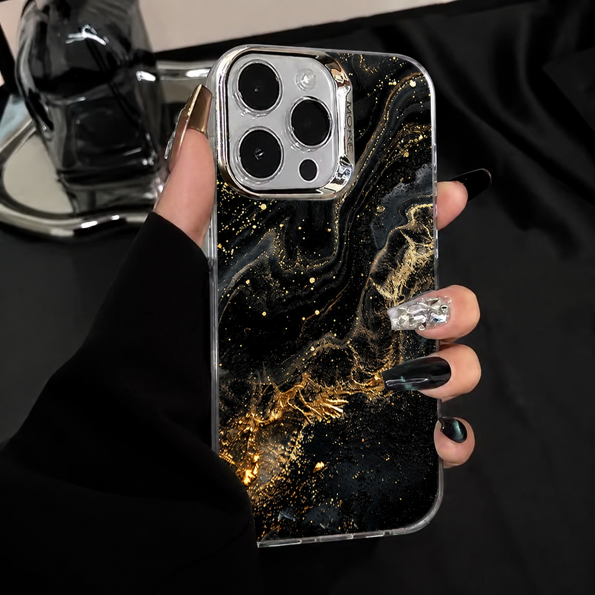 Premium iPhone Case MagSafe Compatible Black Marble Texture Shockproof Protective Cover Gold Edge Camera Lens Protection 3D Grip Slim Design