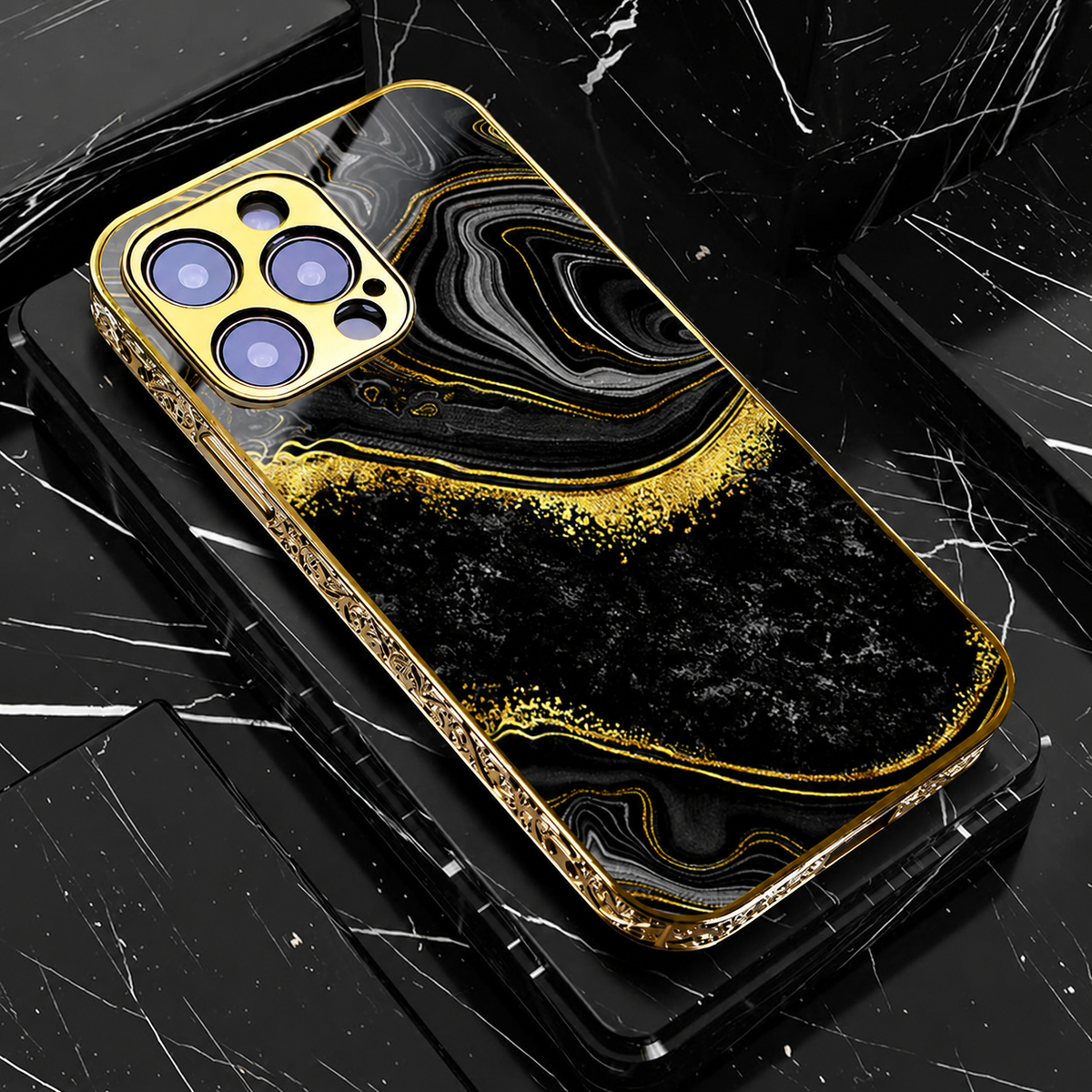 Premium iPhone Case MagSafe Compatible Black Marble Texture Shockproof Protective Cover Gold Edge Camera Lens Protection 3D Grip Slim Design