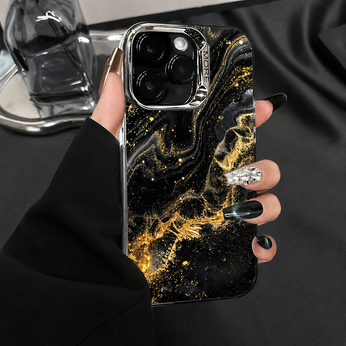 Premium iPhone Case MagSafe Compatible Black Marble Texture Shockproof Protective Cover Gold Edge Camera Lens Protection 3D Grip Slim Design