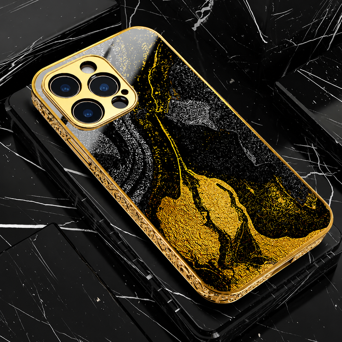 Premium iPhone Case MagSafe Compatible Black Marble Texture Shockproof Protective Cover Gold Edge Camera Lens Protection 3D Grip Slim Design