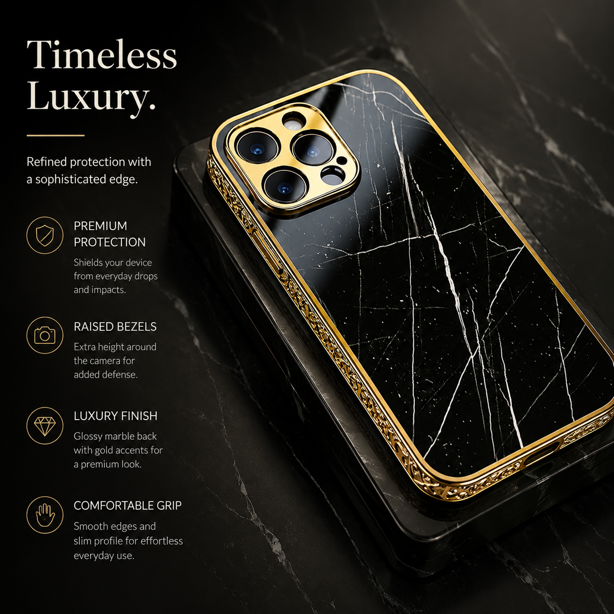 Premium iPhone Case MagSafe Compatible Black Marble Texture Shockproof Protective Cover Gold Edge Camera Lens Protection 3D Grip Slim Design