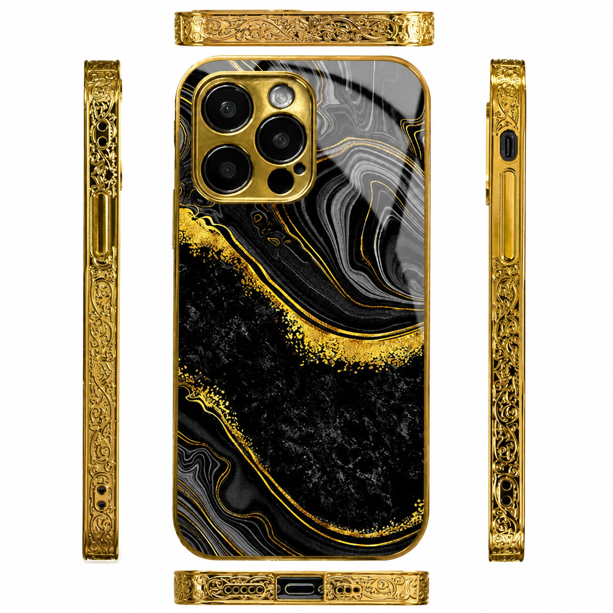 Premium iPhone Case MagSafe Compatible Black Marble Texture Shockproof Protective Cover Gold Edge Camera Lens Protection 3D Grip Slim Design