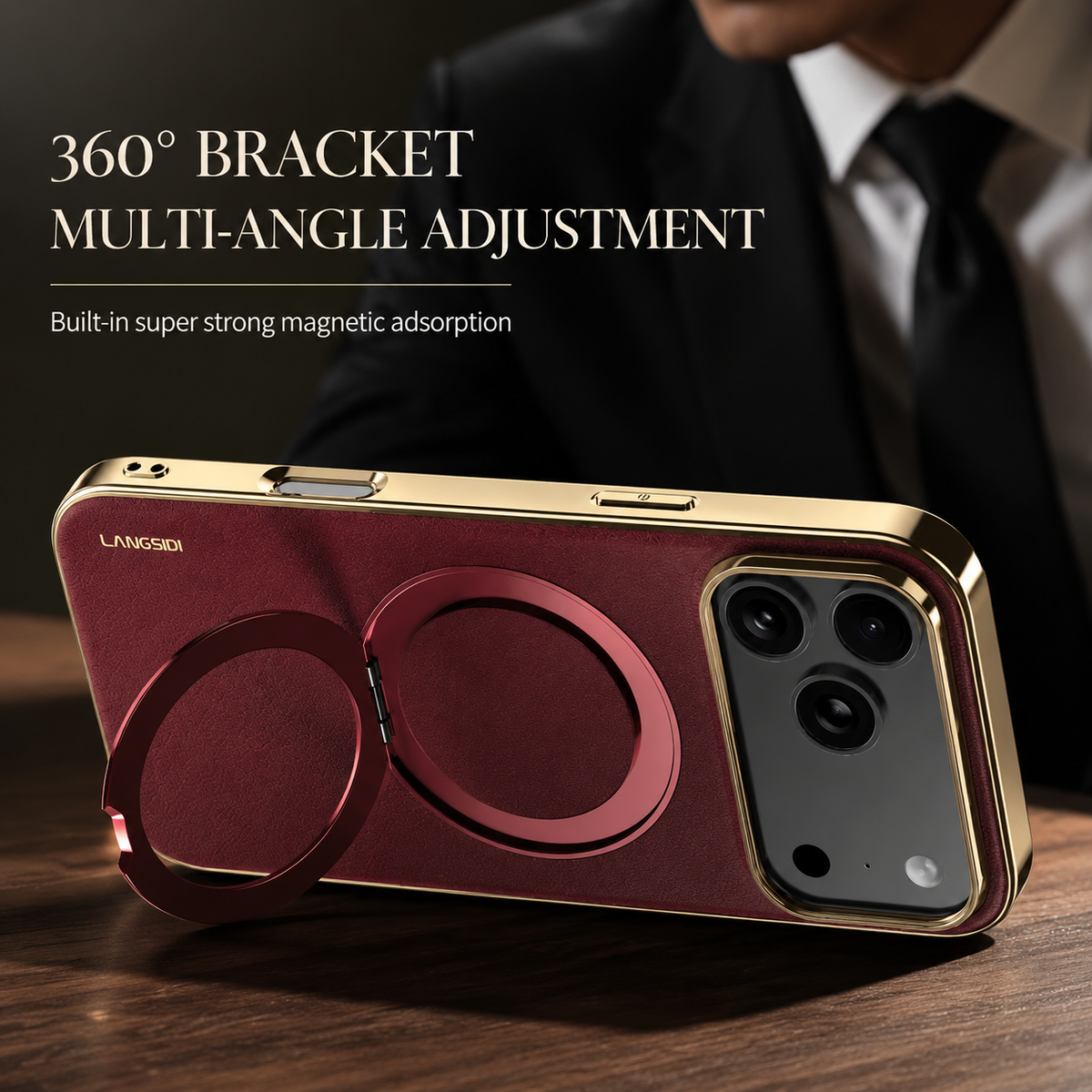 Premium iPhone Case MagSafe Compatible Cowhide Leather 360° Rotating Ring Holder Full Camera Protection Shockproof PC TPU Anti Scratch Slim Cover