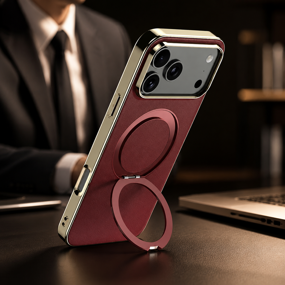 Premium iPhone Case MagSafe Compatible Cowhide Leather 360° Rotating Ring Holder Full Camera Protection Shockproof PC TPU Anti Scratch Slim Cover