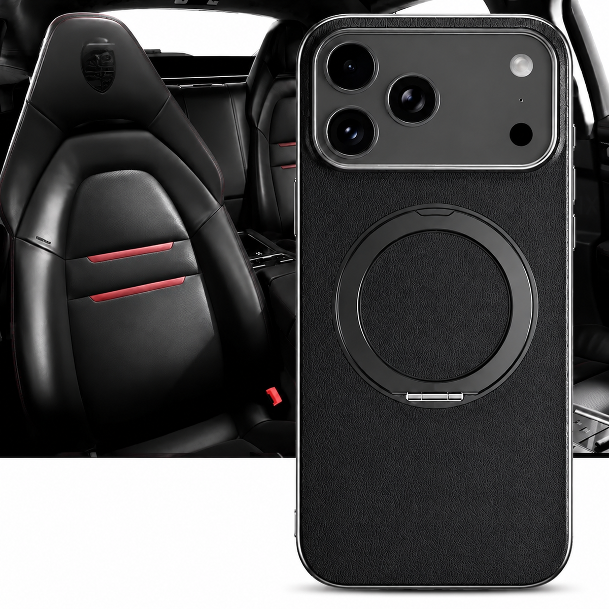 Premium iPhone Case MagSafe Compatible Cowhide Leather 360° Rotating Ring Holder Full Camera Protection Shockproof PC TPU Anti Scratch Slim Cover