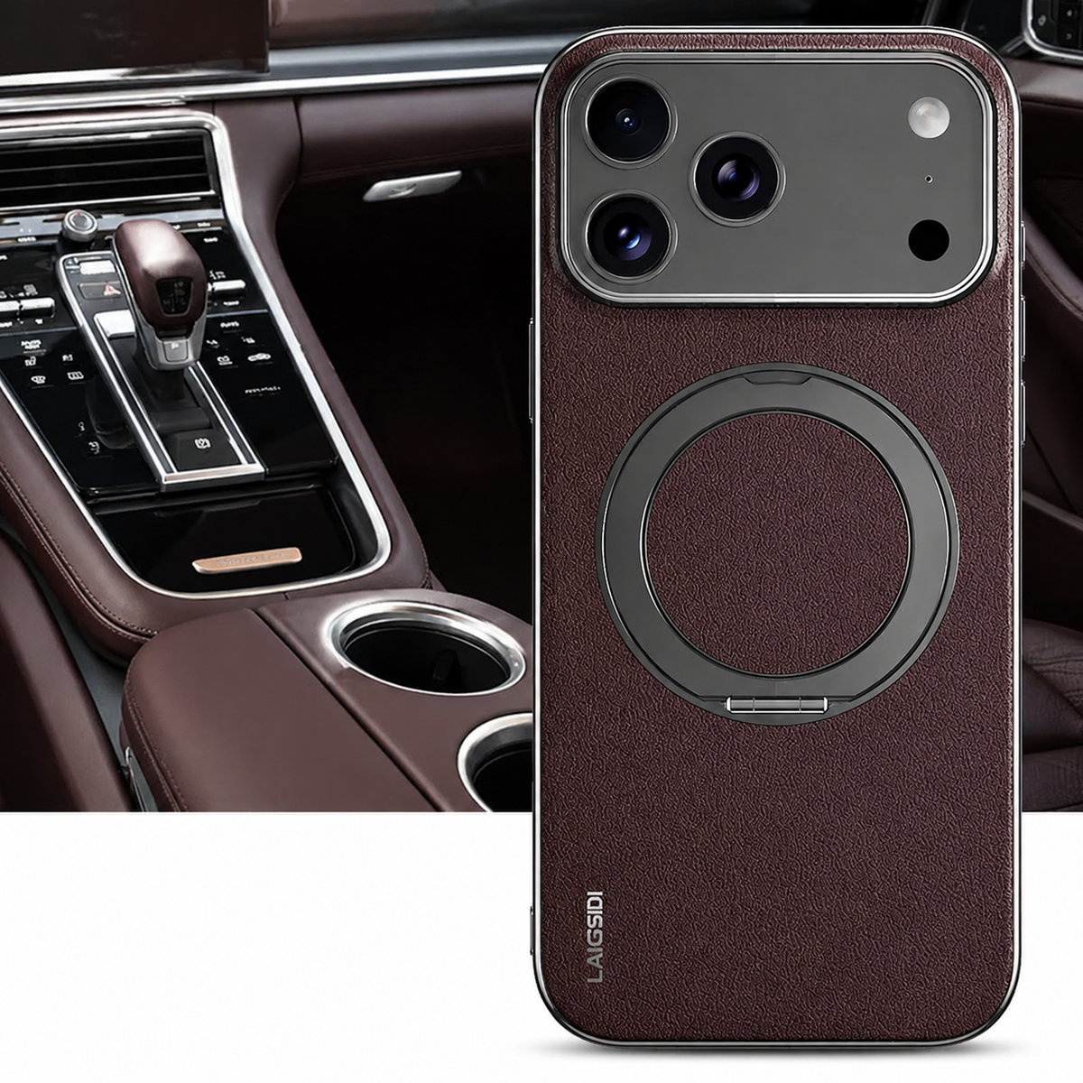 Premium iPhone Case MagSafe Compatible Cowhide Leather 360° Rotating Ring Holder Full Camera Protection Shockproof PC TPU Anti Scratch Slim Cover