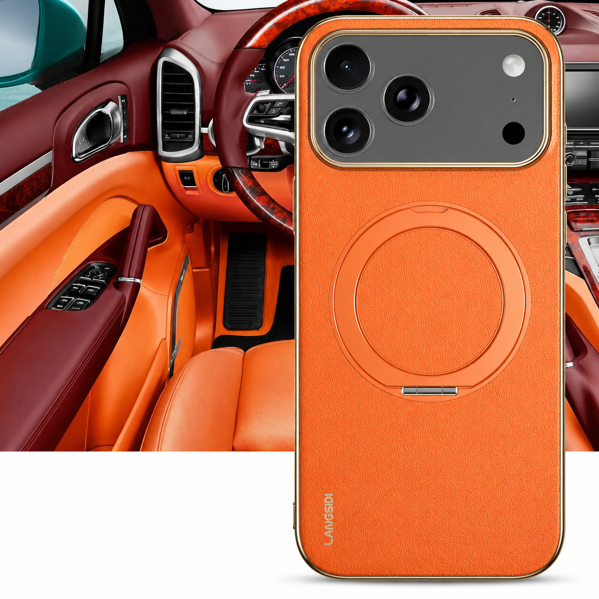 Premium iPhone Case MagSafe Compatible Cowhide Leather 360° Rotating Ring Holder Full Camera Protection Shockproof PC TPU Anti Scratch Slim Cover