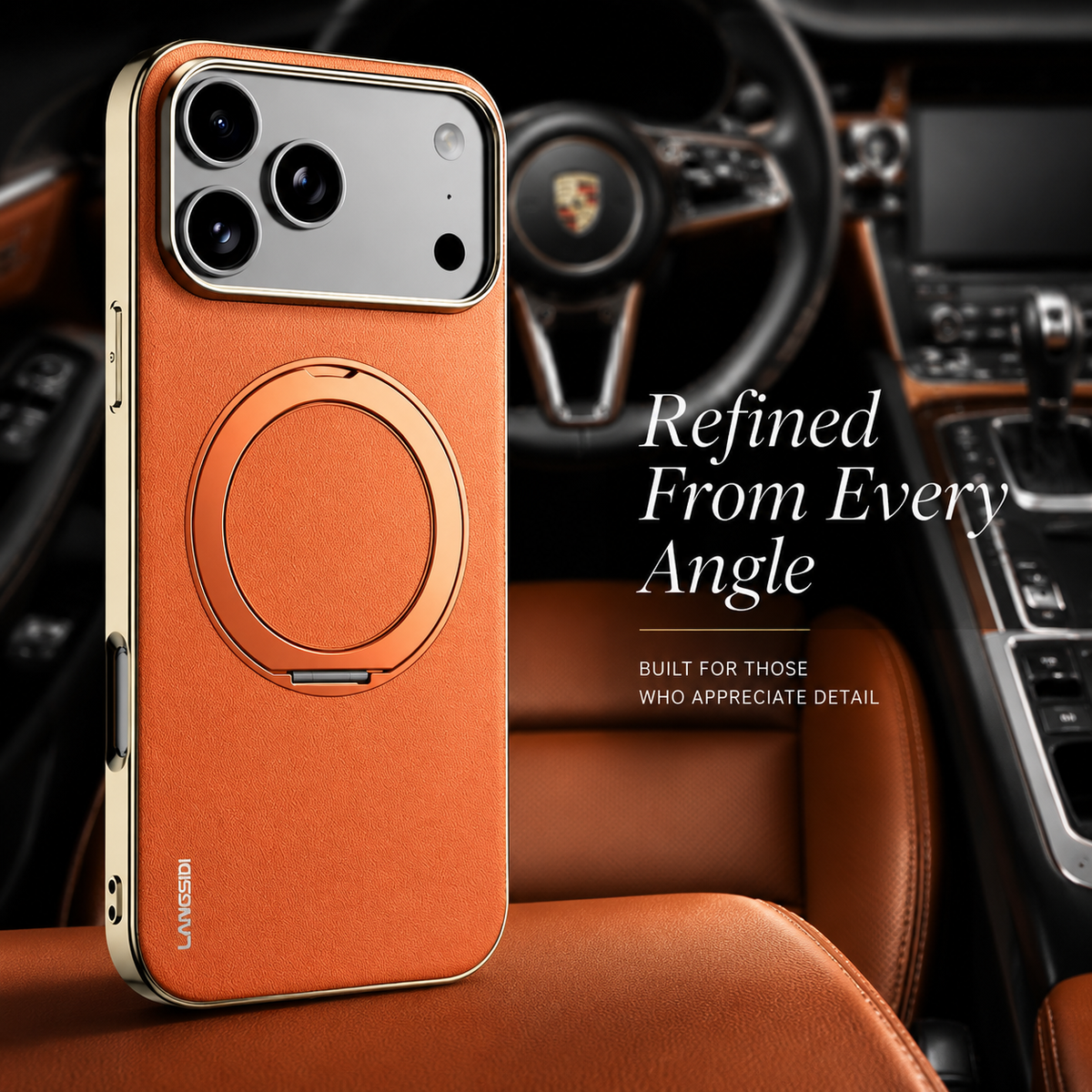 Premium iPhone Case MagSafe Compatible Cowhide Leather 360° Rotating Ring Holder Full Camera Protection Shockproof PC TPU Anti Scratch Slim Cover