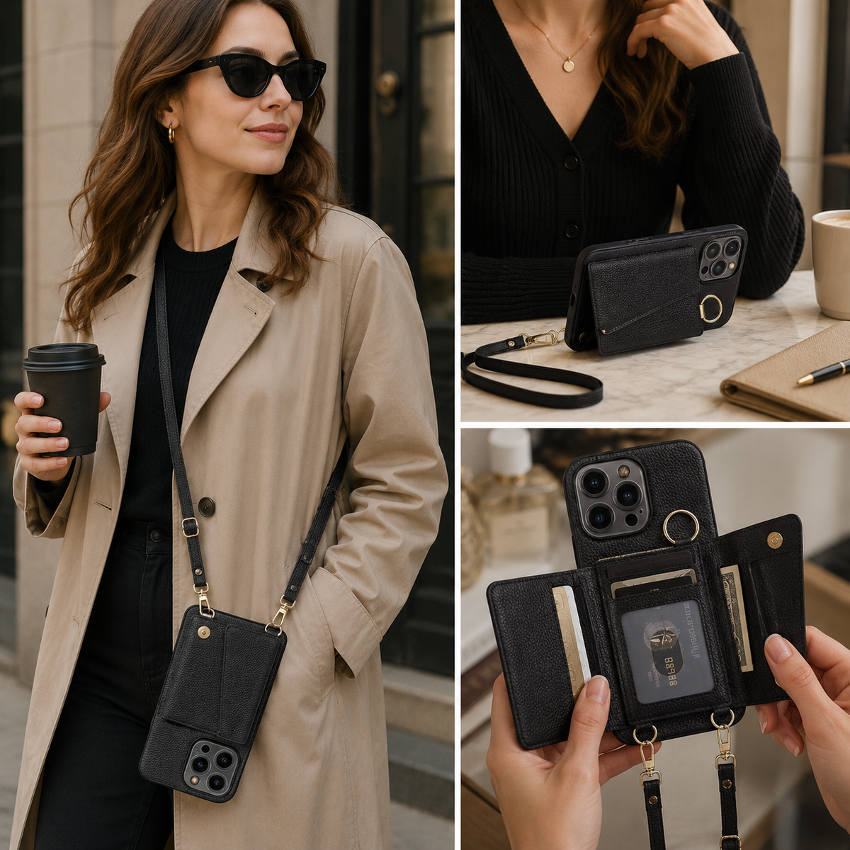 Premium iPhone Case MagSafe Compatible Crossbody Wallet PU Leather Card Holder Ring Stand Strap Shockproof Protective Cover Slim Full Coverage Design