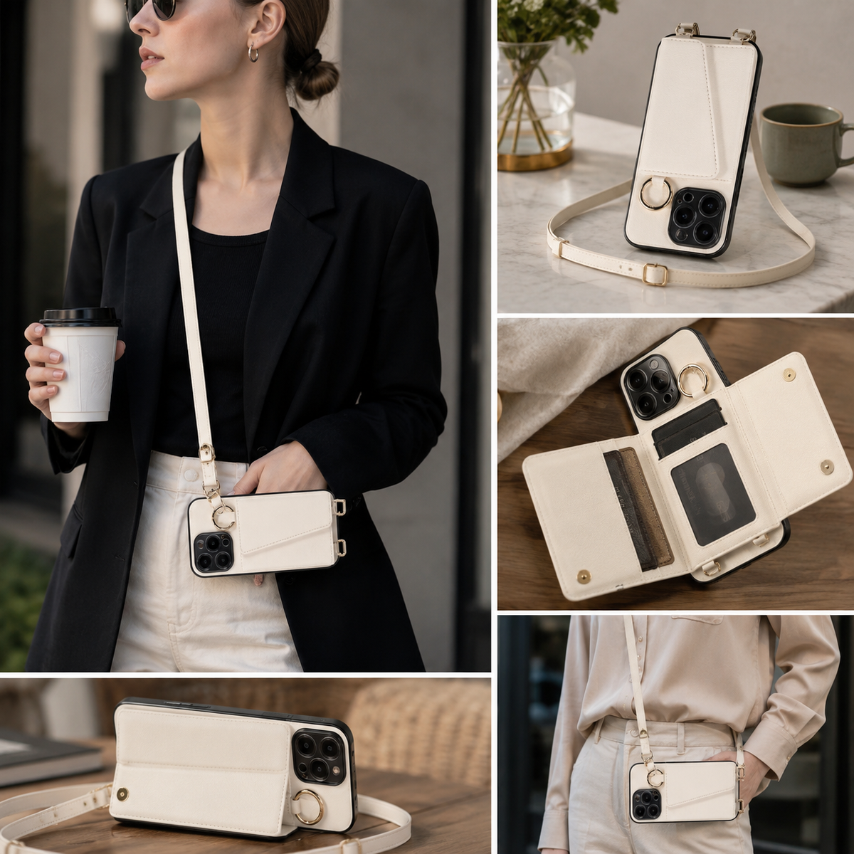 Premium iPhone Case MagSafe Compatible Crossbody Wallet PU Leather Card Holder Ring Stand Strap Shockproof Protective Cover Slim Full Coverage Design