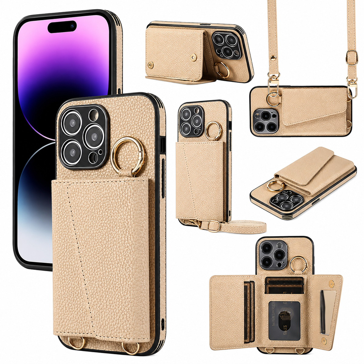 Premium iPhone Case MagSafe Compatible Crossbody Wallet PU Leather Card Holder Ring Stand Strap Shockproof Protective Cover Slim Full Coverage Design