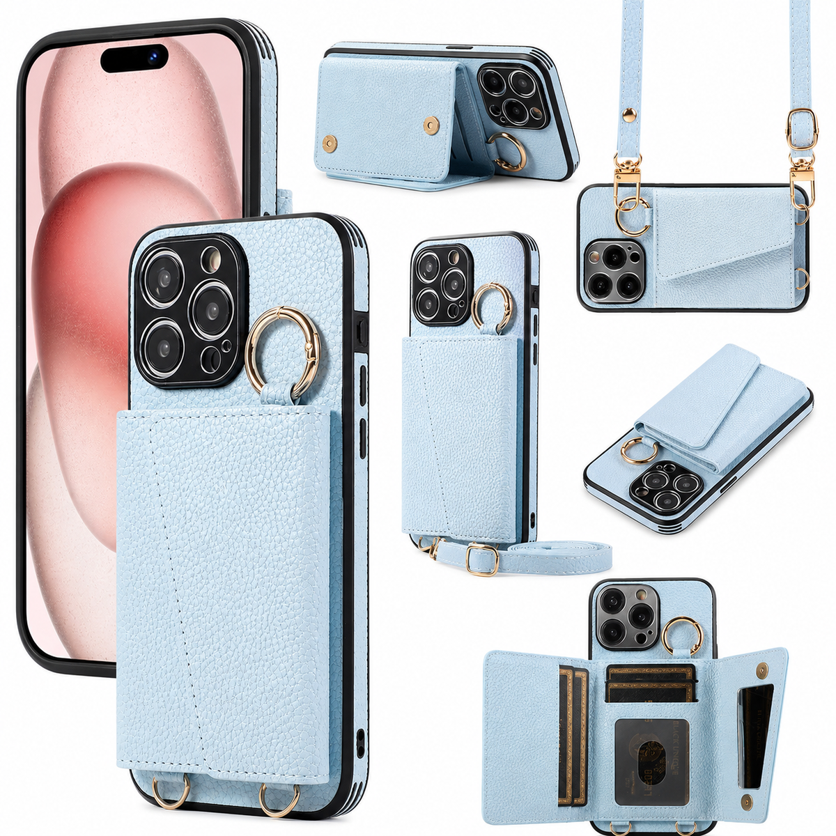 Premium iPhone Case MagSafe Compatible Crossbody Wallet PU Leather Card Holder Ring Stand Strap Shockproof Protective Cover Slim Full Coverage Design