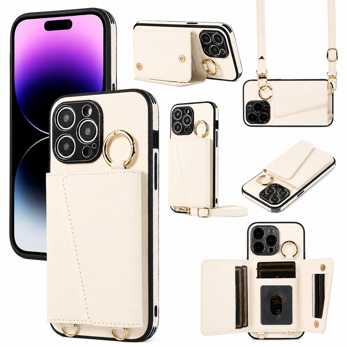 Premium iPhone Case MagSafe Compatible Crossbody Wallet PU Leather Card Holder Ring Stand Strap Shockproof Protective Cover Slim Full Coverage Design