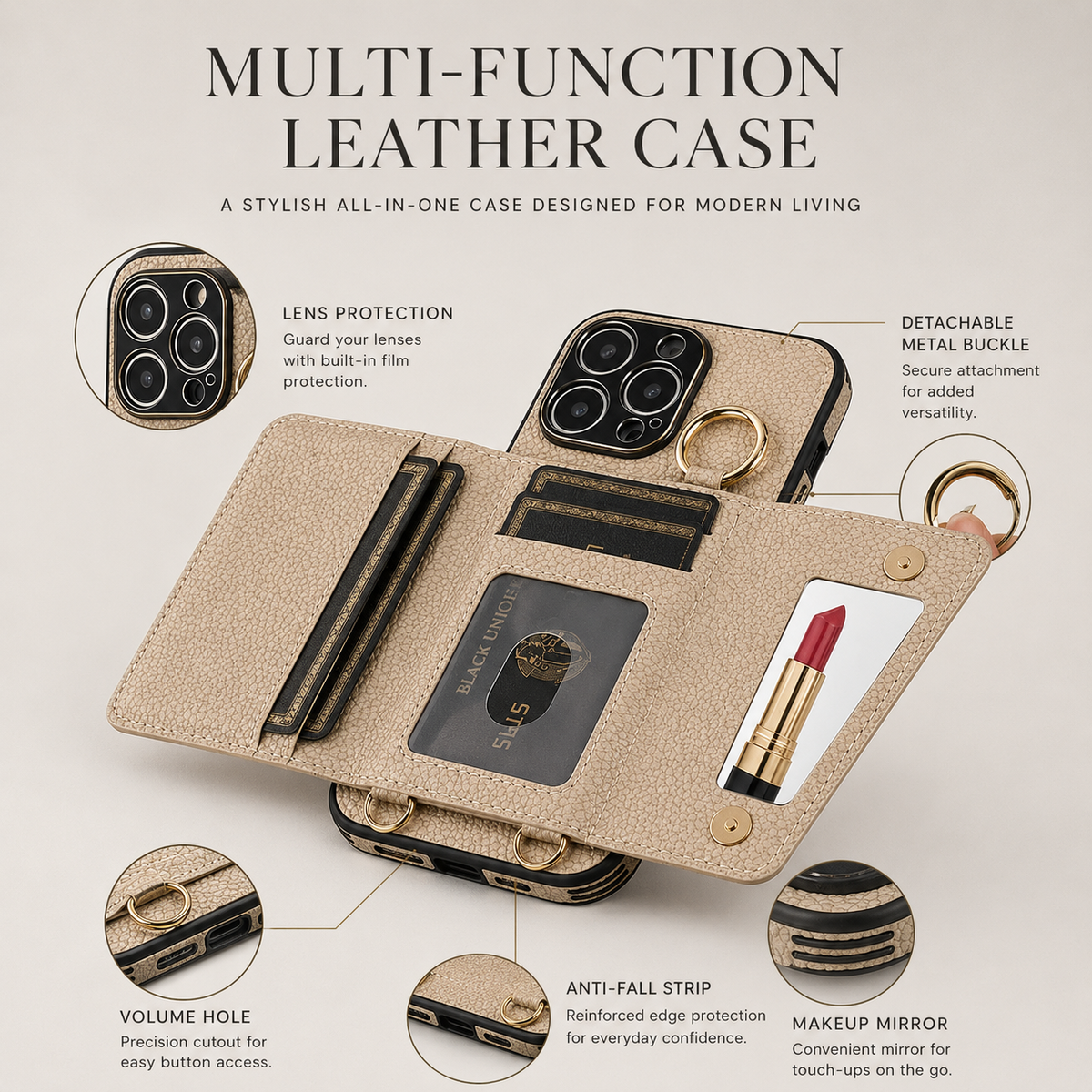 Premium iPhone Case MagSafe Compatible Crossbody Wallet PU Leather Card Holder Ring Stand Strap Shockproof Protective Cover Slim Full Coverage Design