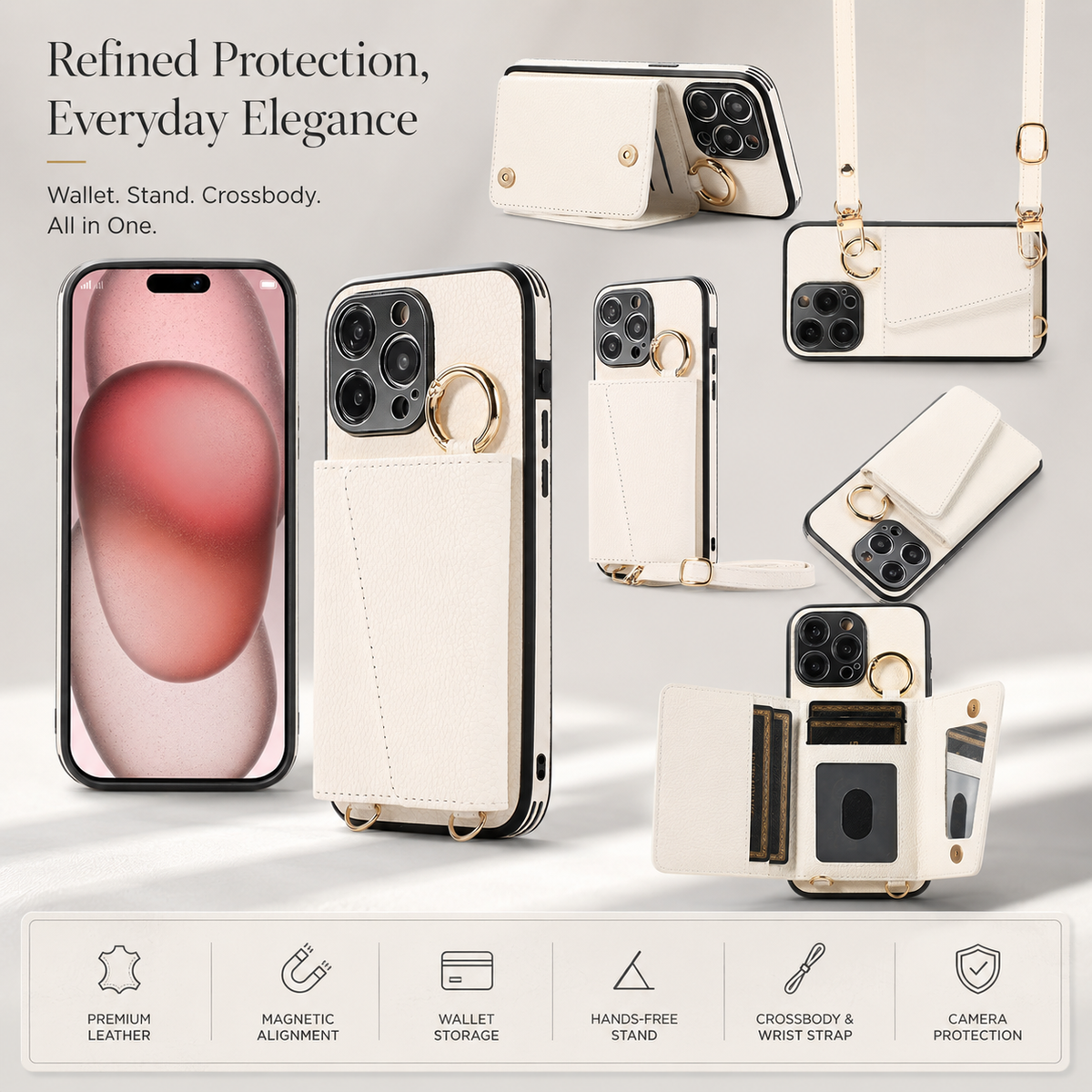 Premium iPhone Case MagSafe Compatible Crossbody Wallet PU Leather Card Holder Ring Stand Strap Shockproof Protective Cover Slim Full Coverage Design