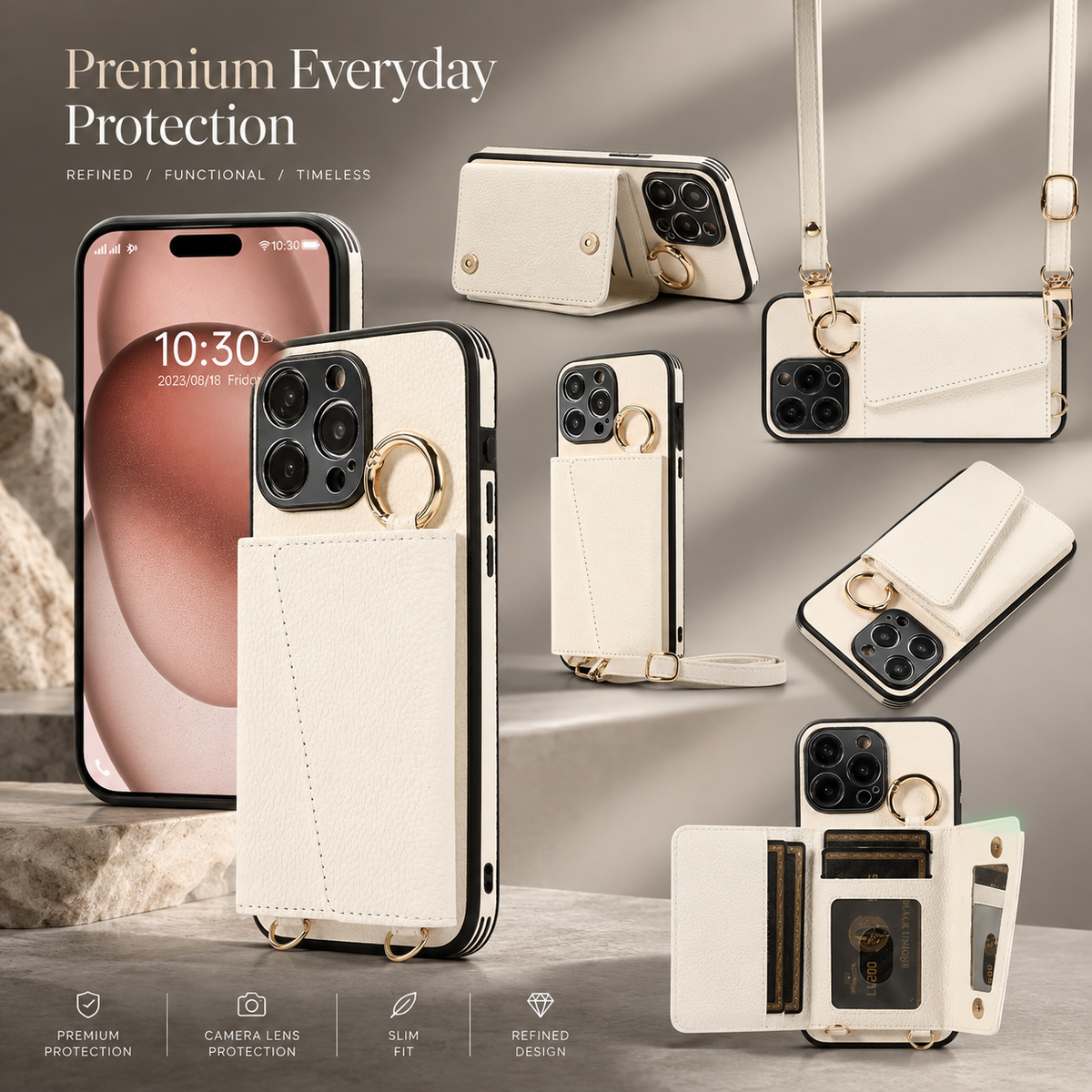 Premium iPhone Case MagSafe Compatible Crossbody Wallet PU Leather Card Holder Ring Stand Strap Shockproof Protective Cover Slim Full Coverage Design