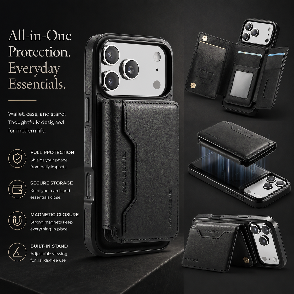 Premium iPhone Case MagSafe Compatible Detachable PU Leather Wallet Card Holder Magnetic Shockproof Anti Scratch Anti-Fingerprint Slim Safe Fit Covers Design