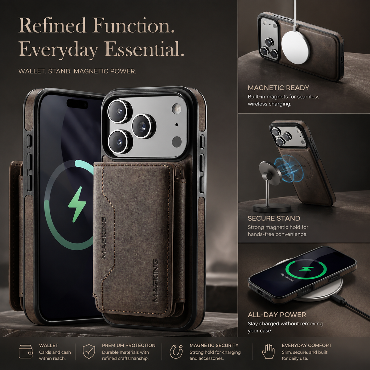 Premium iPhone Case MagSafe Compatible Detachable PU Leather Wallet Card Holder Magnetic Shockproof Anti Scratch Anti-Fingerprint Slim Safe Fit Covers Design