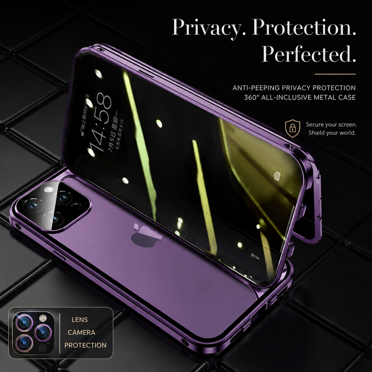 Premium iPhone Case MagSafe Compatible Double-Sided Tempered Glass Privacy Screen Metal Frame Shockproof Protective Cover 360 Full Body Camera Lens Protection Slim Design