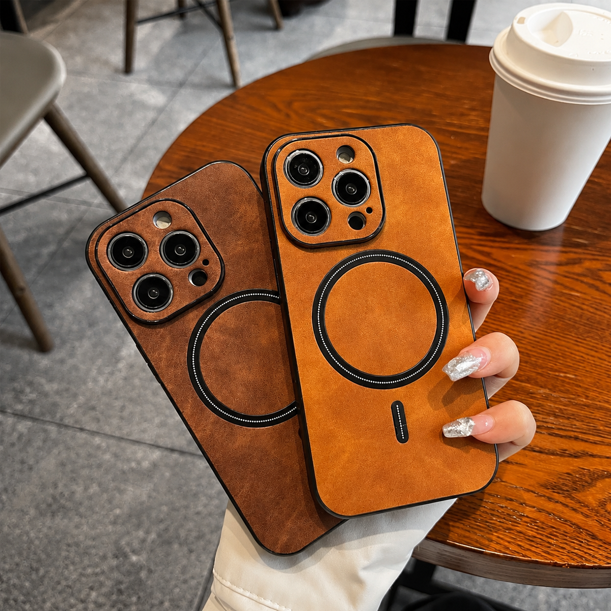 Premium iPhone Case MagSafe Compatible Genuine Leather Shockproof Protective Cover with Camera Lens Protection, Magnetic Ring and Slim Design