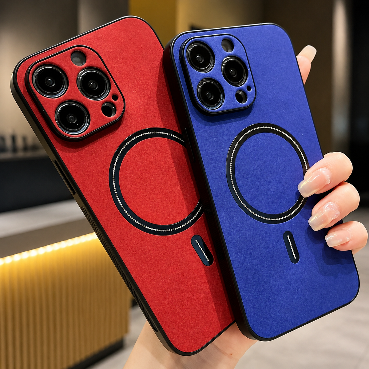 Premium iPhone Case MagSafe Compatible Genuine Leather Shockproof Protective Cover with Camera Lens Protection, Magnetic Ring and Slim Design