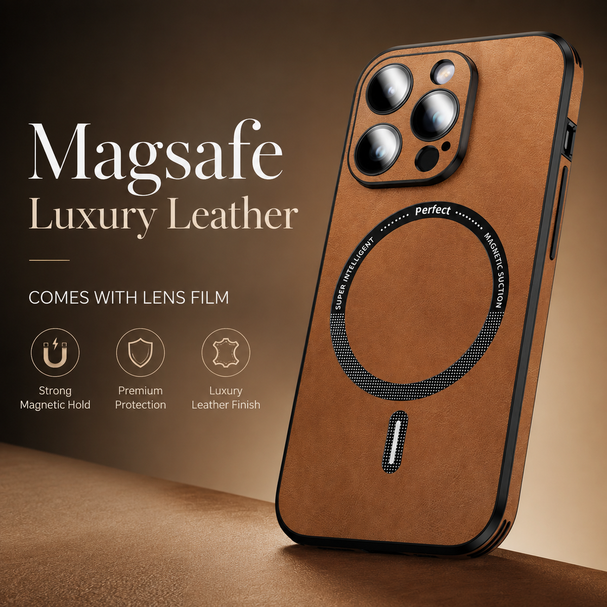 Premium iPhone Case MagSafe Compatible Genuine Leather Shockproof Protective Cover with Camera Lens Protection, Magnetic Ring and Slim Design