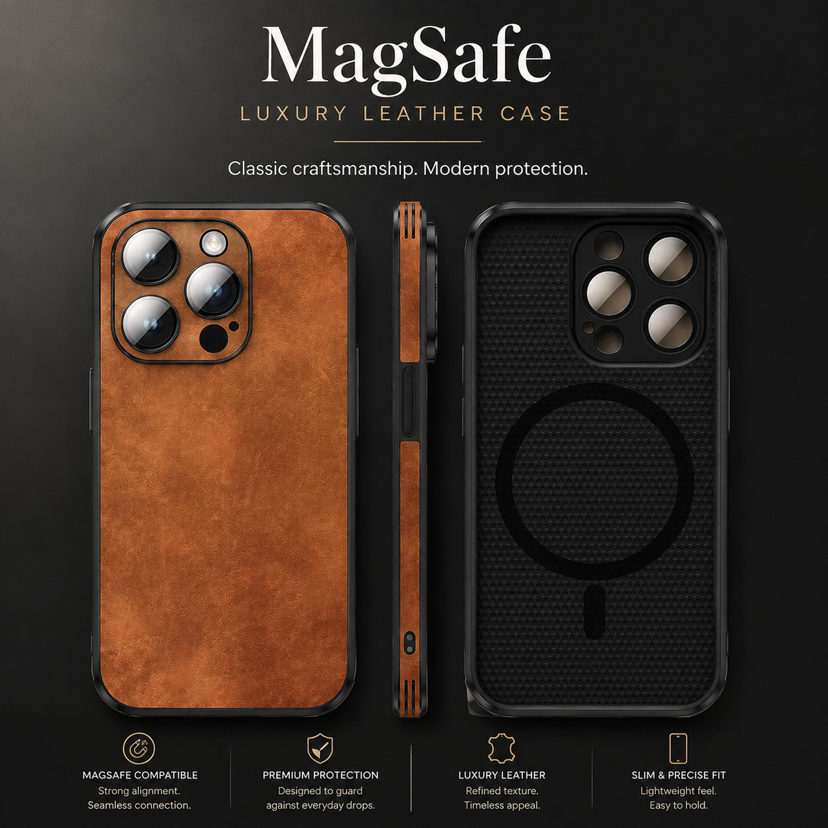 Premium iPhone Case MagSafe Compatible Genuine Leather Shockproof Protective Cover with Camera Lens Protection Slim Lightweight Design